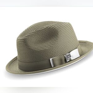 MONTIQUE MEN'S OLIVE/WHITE BOTTOM BRAIDED STINGY BRIM PINCH FEDORA HAT. H-78